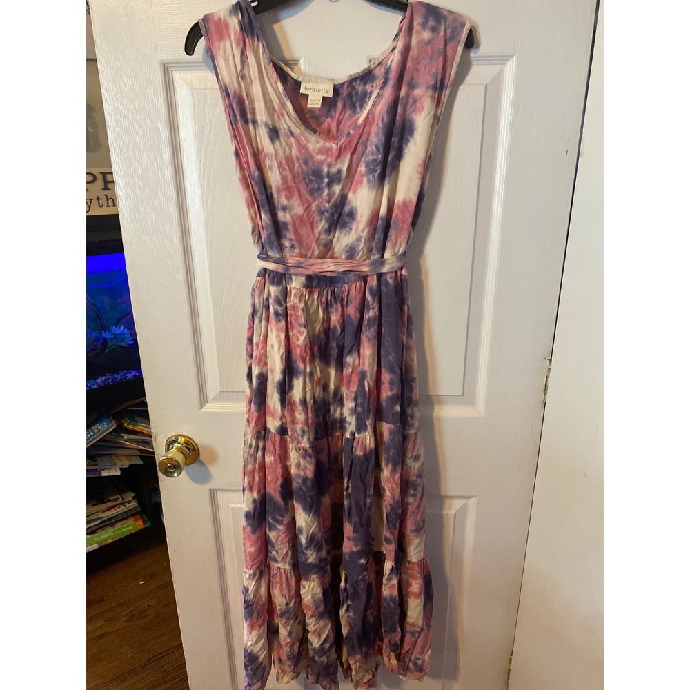 Loralette Plus Size 22/24 Tie Dye MaxiDress PinkPurple V-Neck Tiered Boho Belted